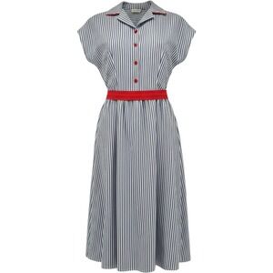 Vintage Midi Dress Striped Belted Nautical Rockabilly Coastal Medium
